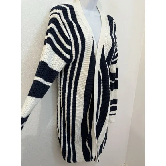 Roxy Cardigan Sweater Women's Navy Blue White Striped Classic M Long Line Cotton - Picture 2 of 9